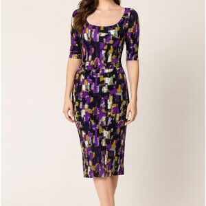 Women's Maggy London Scoop Neck Ruched Accented Abstract Print Midi Dress Size 2